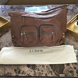 J. Crew Cognac Brown Vintage Leather Hobo Bag with Front Zip Pockets